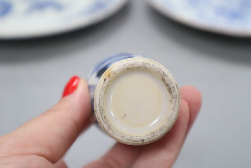 Two Chinese blue and white export plates, a blue and white miniature vase, a dish and bowl